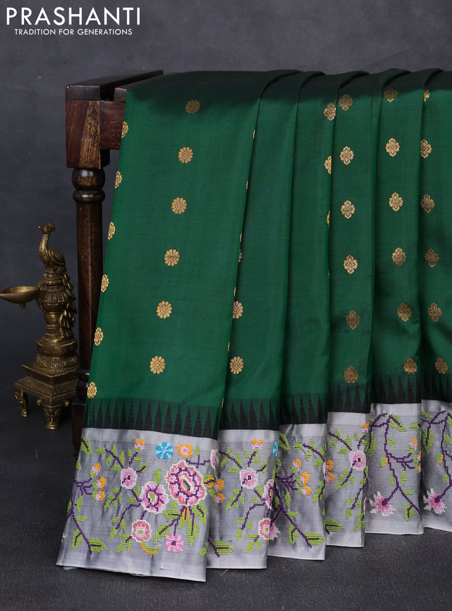Pure gadwal silk saree green and grey with allover zari woven buttas and temple design convent embroidery