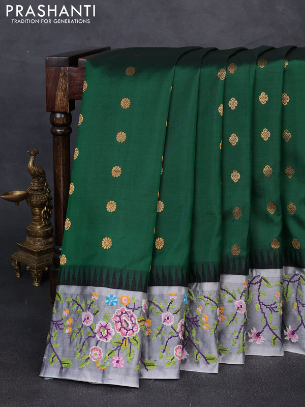 Pure gadwal silk saree green and grey with allover zari woven buttas and temple design convent embroidery