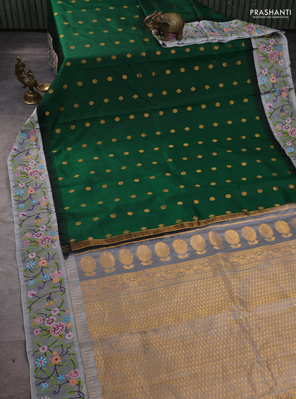 Pure gadwal silk saree green and grey with allover zari woven buttas and temple design convent embroidery