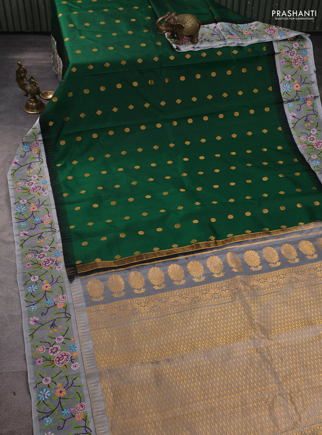 Pure gadwal silk saree green and grey with allover zari woven buttas and temple design convent embroidery