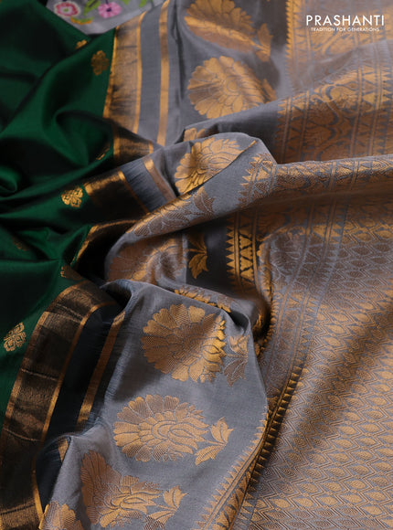 Pure gadwal silk saree green and grey with allover zari woven buttas and temple design convent embroidery