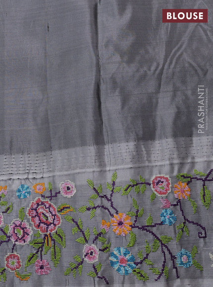 Pure gadwal silk saree green and grey with allover zari woven buttas and temple design convent embroidery