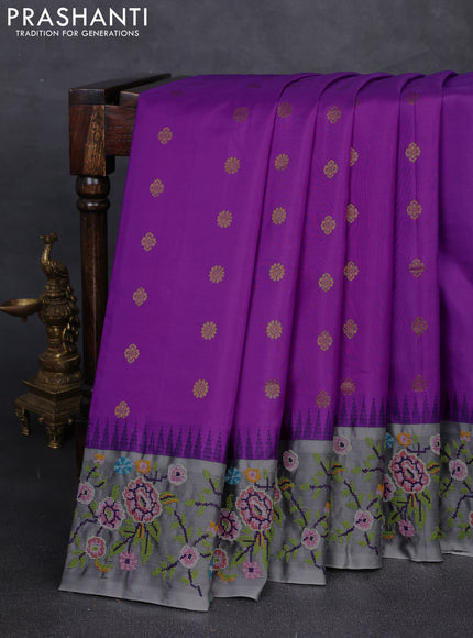 Pure gadwal silk saree lavender and grey with allover zari woven buttas and temple design convent embroidery