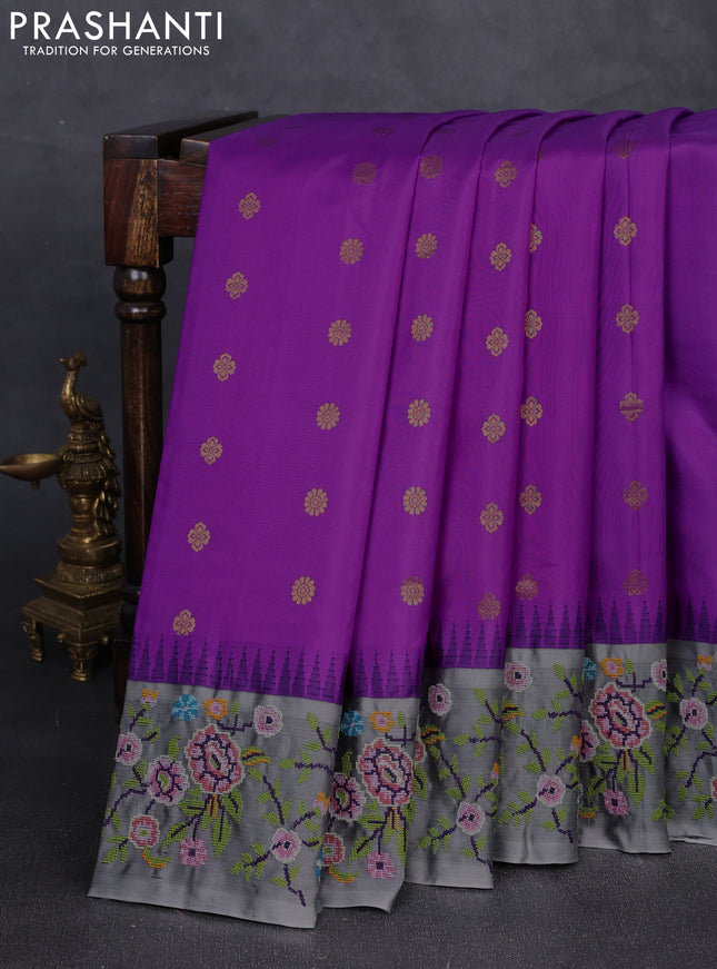 Pure gadwal silk saree lavender and grey with allover zari woven buttas and temple design convent embroidery