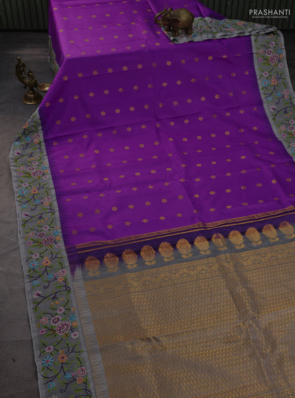 Pure gadwal silk saree lavender and grey with allover zari woven buttas and temple design convent embroidery