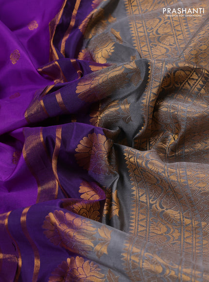 Pure gadwal silk saree lavender and grey with allover zari woven buttas and temple design convent embroidery