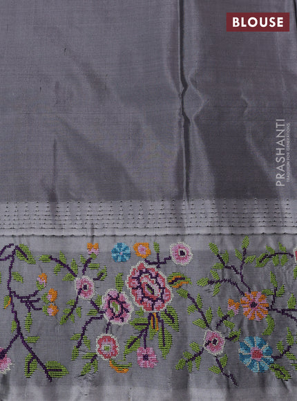 Pure gadwal silk saree lavender and grey with allover zari woven buttas and temple design convent embroidery