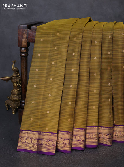 Kanchipuram silk saree mehendi green and purple with allover zari woven buttas and zari woven border