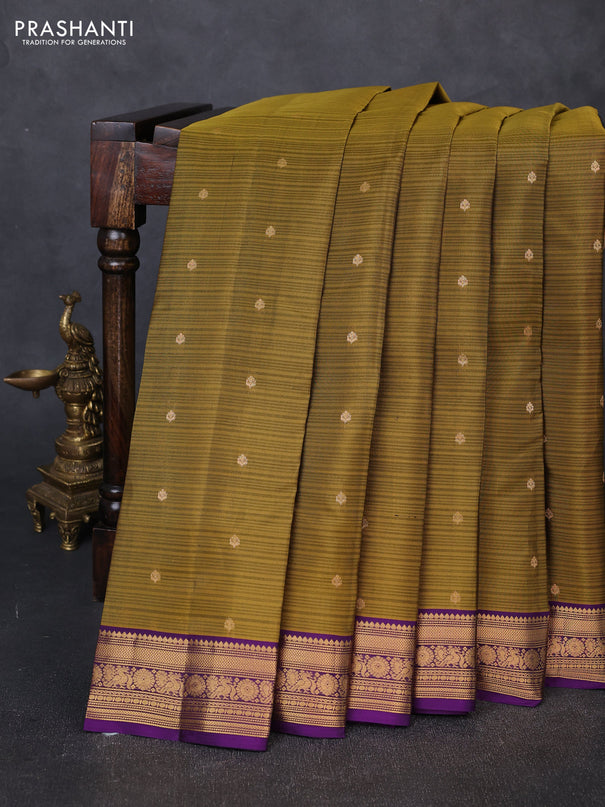 Kanchipuram silk saree mehendi green and purple with allover zari woven buttas and zari woven border