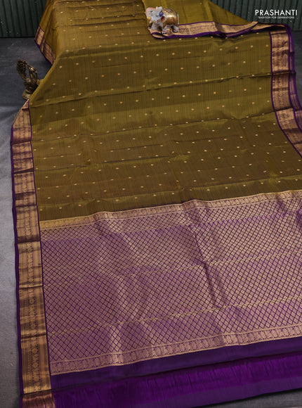 Kanchipuram silk saree mehendi green and purple with allover zari woven buttas and zari woven border
