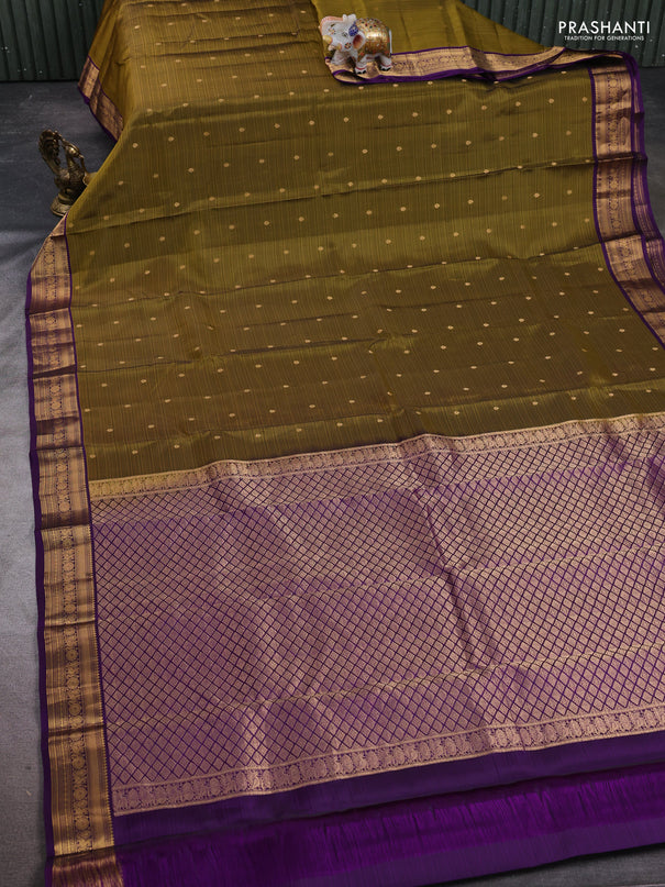 Kanchipuram silk saree mehendi green and purple with allover zari woven buttas and zari woven border