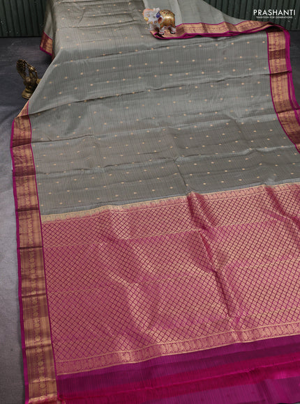 Kanchipuram silk saree grey and magenta pink with allover zari woven buttas and zari woven border