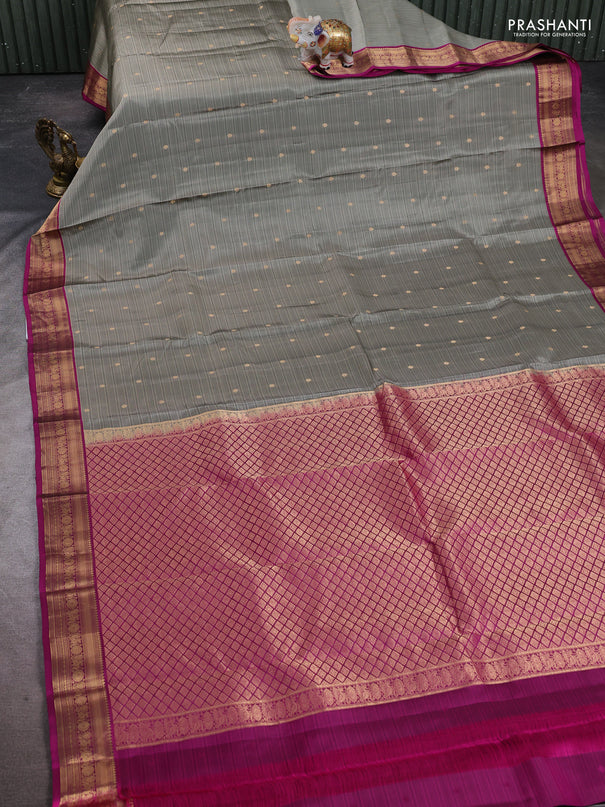 Kanchipuram silk saree grey and magenta pink with allover zari woven buttas and zari woven border