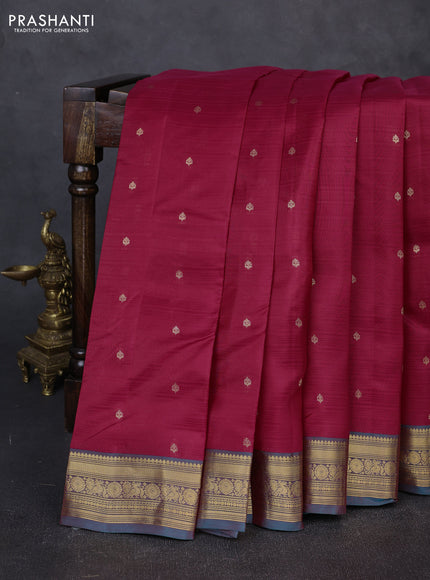 Kanchipuram silk saree reddish pink and teal green with allover zari woven buttas and zari woven border