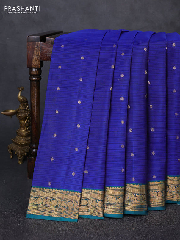 Kanchipuram silk saree blue and teal green with allover zari woven buttas and zari woven border