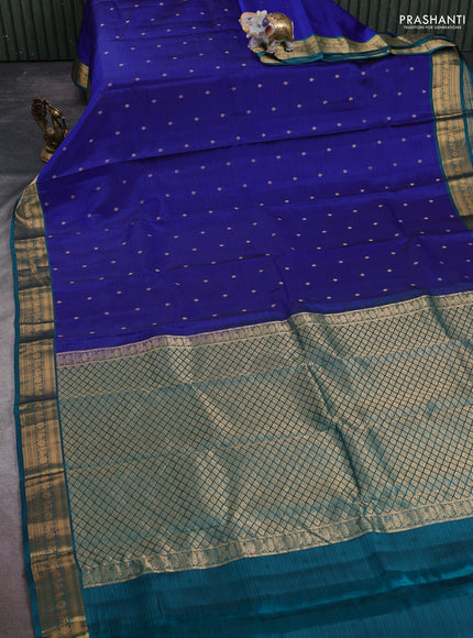 Kanchipuram silk saree blue and teal green with allover zari woven buttas and zari woven border