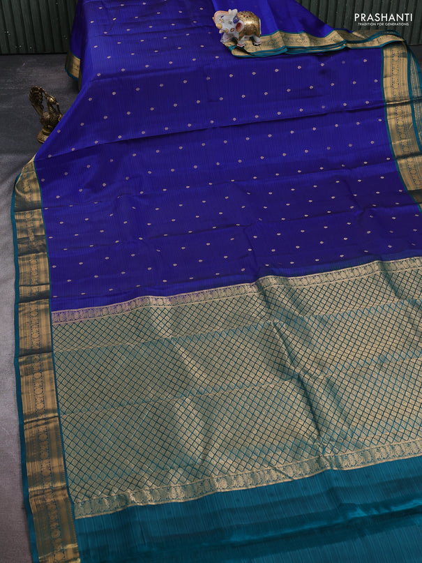 Kanchipuram silk saree blue and teal green with allover zari woven buttas and zari woven border