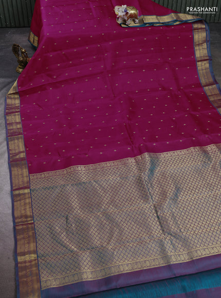 Kanchipuram silk saree pink and peacock green with allover zari woven buttas and zari woven border