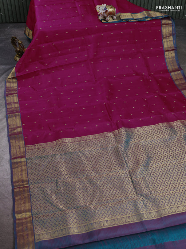 Kanchipuram silk saree pink and peacock green with allover zari woven buttas and zari woven border