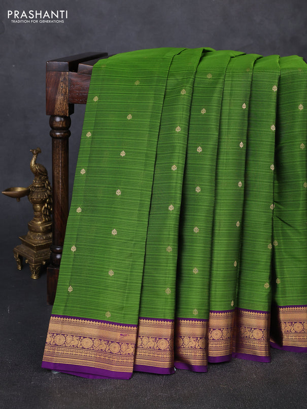Kanchipuram silk saree sap green and purple with allover zari woven buttas and zari woven border