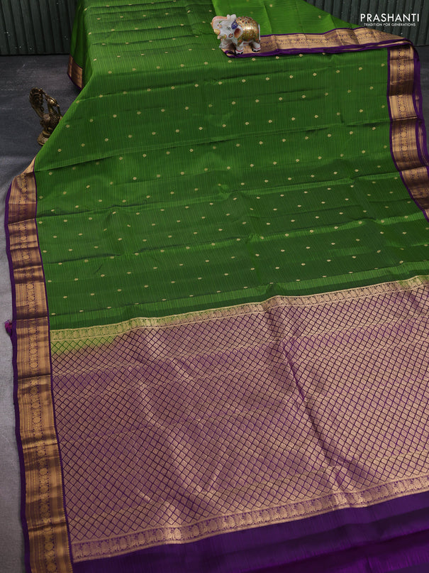 Kanchipuram silk saree sap green and purple with allover zari woven buttas and zari woven border