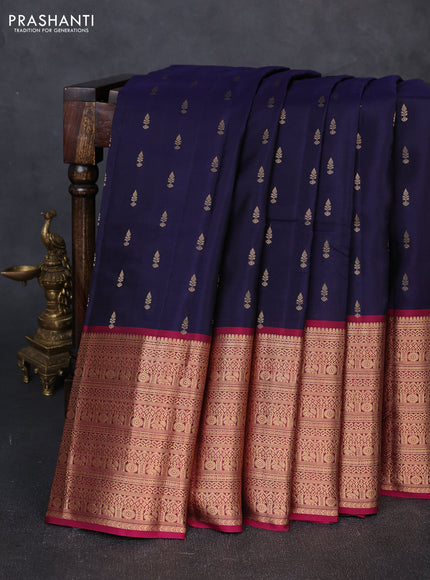 Kanchipuram silk saree navy blue and magenta pink with allover zari woven buttas and long zari woven border