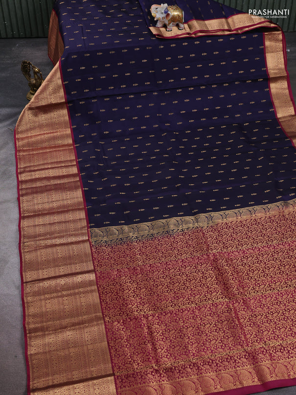 Kanchipuram silk saree navy blue and magenta pink with allover zari woven buttas and long zari woven border