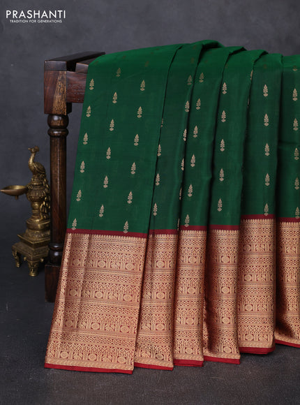 Kanchipuram silk saree green and maroon with allover zari woven buttas and long zari woven border