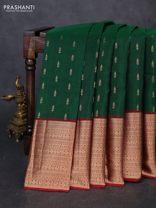 Kanchipuram silk saree green and maroon with allover zari woven buttas and long zari woven border