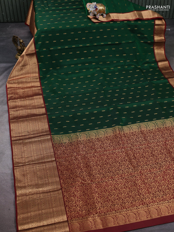 Kanchipuram silk saree green and maroon with allover zari woven buttas and long zari woven border