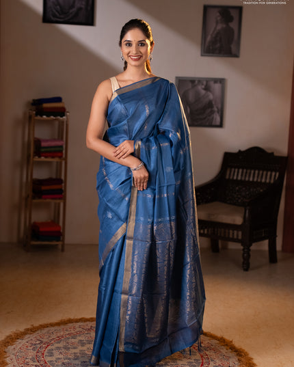 Banana silk saree blue with zari woven buttas and zari woven border