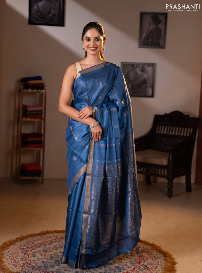 Banana silk saree blue with zari woven buttas and zari woven border