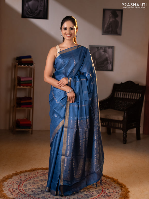 Banana silk saree blue with zari woven buttas and zari woven border