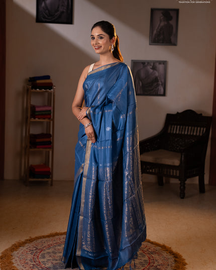 Banana silk saree blue with zari woven buttas and zari woven border