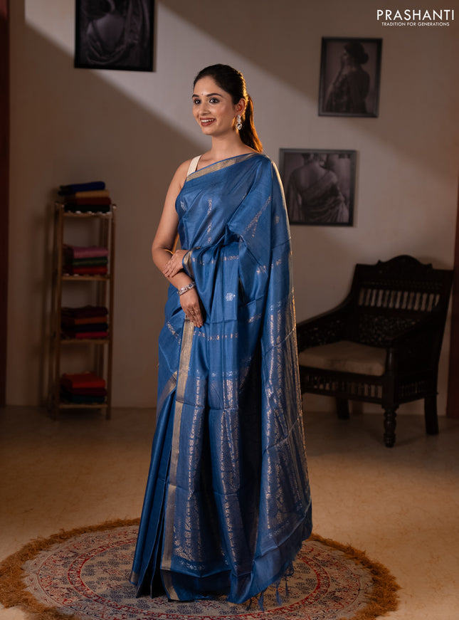 Banana silk saree blue with zari woven buttas and zari woven border