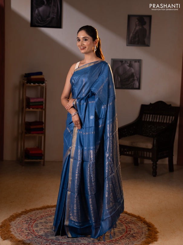 Banana silk saree blue with zari woven buttas and zari woven border