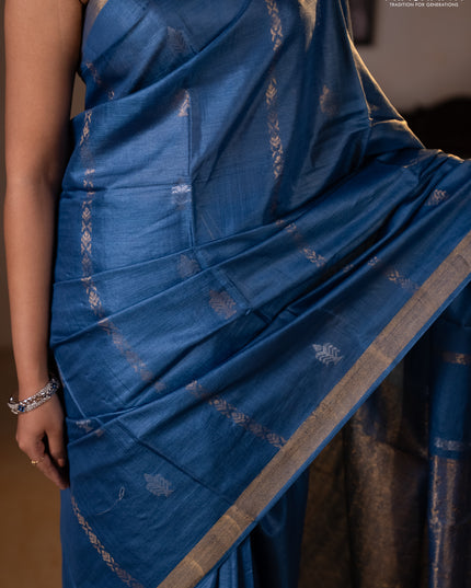 Banana silk saree blue with zari woven buttas and zari woven border