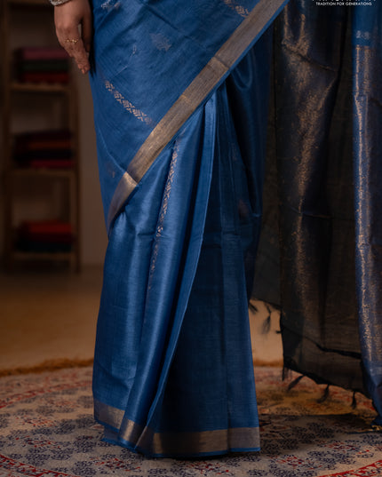 Banana silk saree blue with zari woven buttas and zari woven border