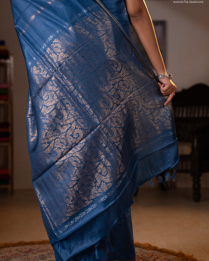Banana silk saree blue with zari woven buttas and zari woven border