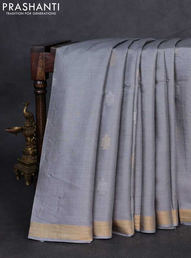 Banana silk saree grey with zari woven buttas and zari woven border