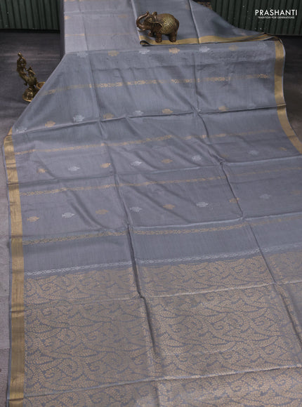 Banana silk saree grey with zari woven buttas and zari woven border