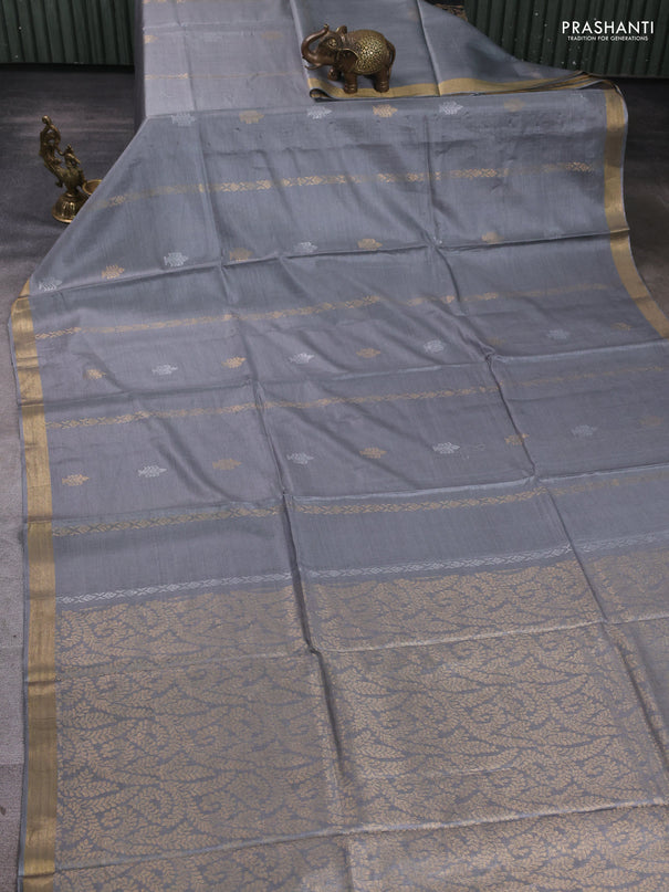 Banana silk saree grey with zari woven buttas and zari woven border