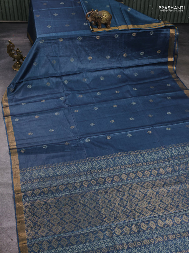 Banana silk saree peacock blue with allover thread & zari woven buttas and zari woven border