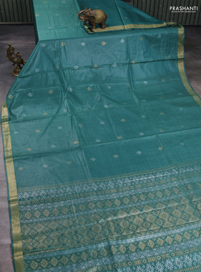 Banana silk saree green with silver & gold zari woven buttas and zari woven border