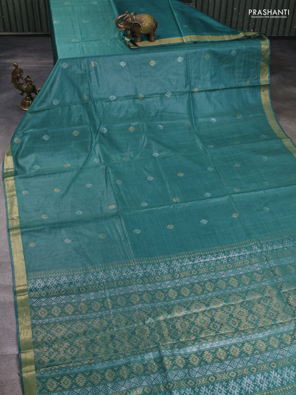 Banana silk saree green with silver & gold zari woven buttas and zari woven border