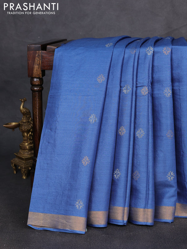 Banana silk saree blue with allover thread & zari woven buttas and zari woven border