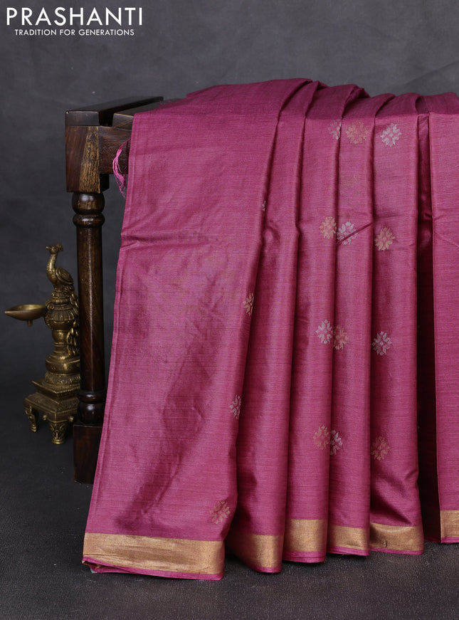 Banana silk saree pink with silver & gold zari woven buttas and zari woven border