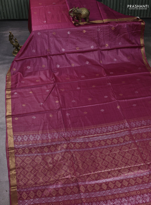 Banana silk saree pink with silver & gold zari woven buttas and zari woven border