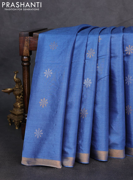 Banana silk saree blue with silver & gold zari woven buttas and zari woven border