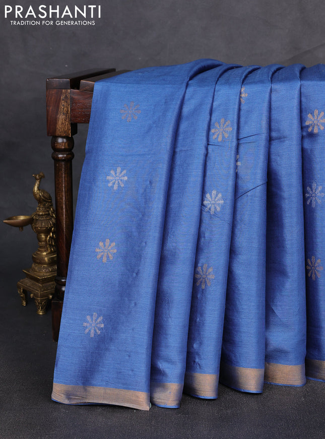 Banana silk saree blue with silver & gold zari woven buttas and zari woven border